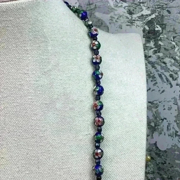 Vintage Cloisonné Blue Necklace Floral - Picture 4 of 6